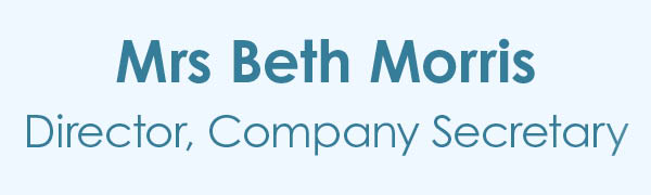A title plaque for the picture of Mrs Beth Morris, Director and Company Secretary
