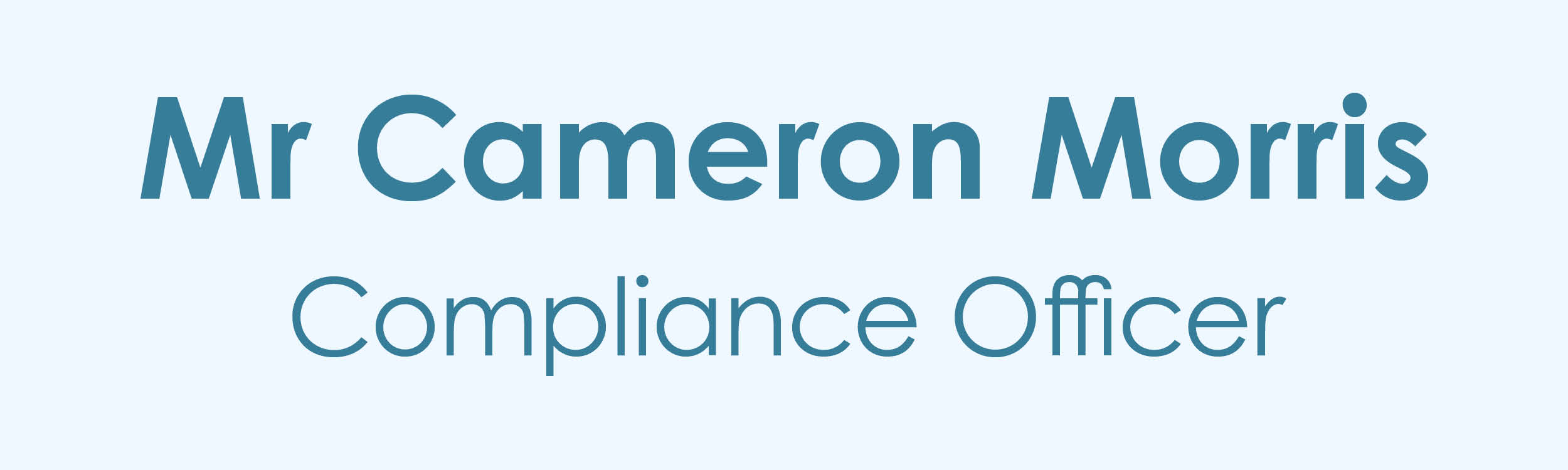 A title plaque for the picture of Mr Cameron Morris, Researcher and Compliance Officer